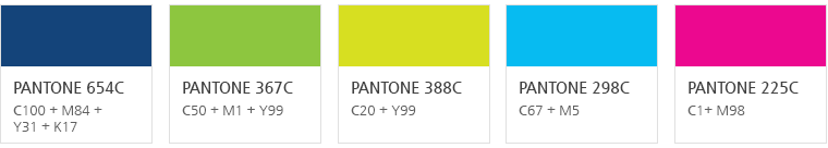 pantone 654c:c100 + m84 + y31 + k17 / pantone 367c:c50 + m1 + y99 / pantone 388c:c20 + y99 / pantone 298c:c67 + m5 / pantone 225c:c1+ m98